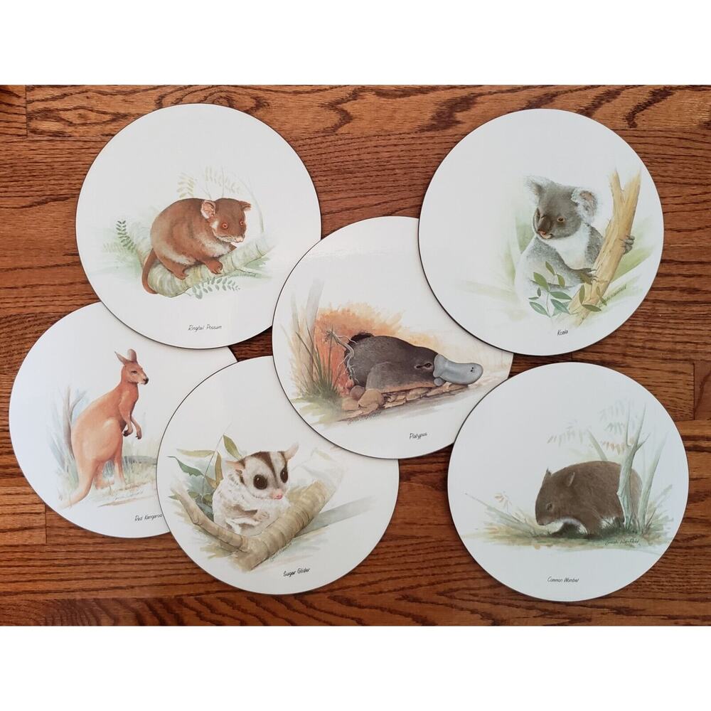Set of 6 Jason‎ Round Placemats Australian Animals Wakefield Cork Backed w/ Box